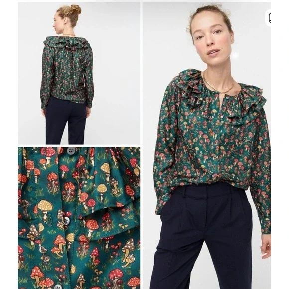 J. Crew Green Floral Ruffled V-Neck Mushroom Blouse - Picture 2 of 10